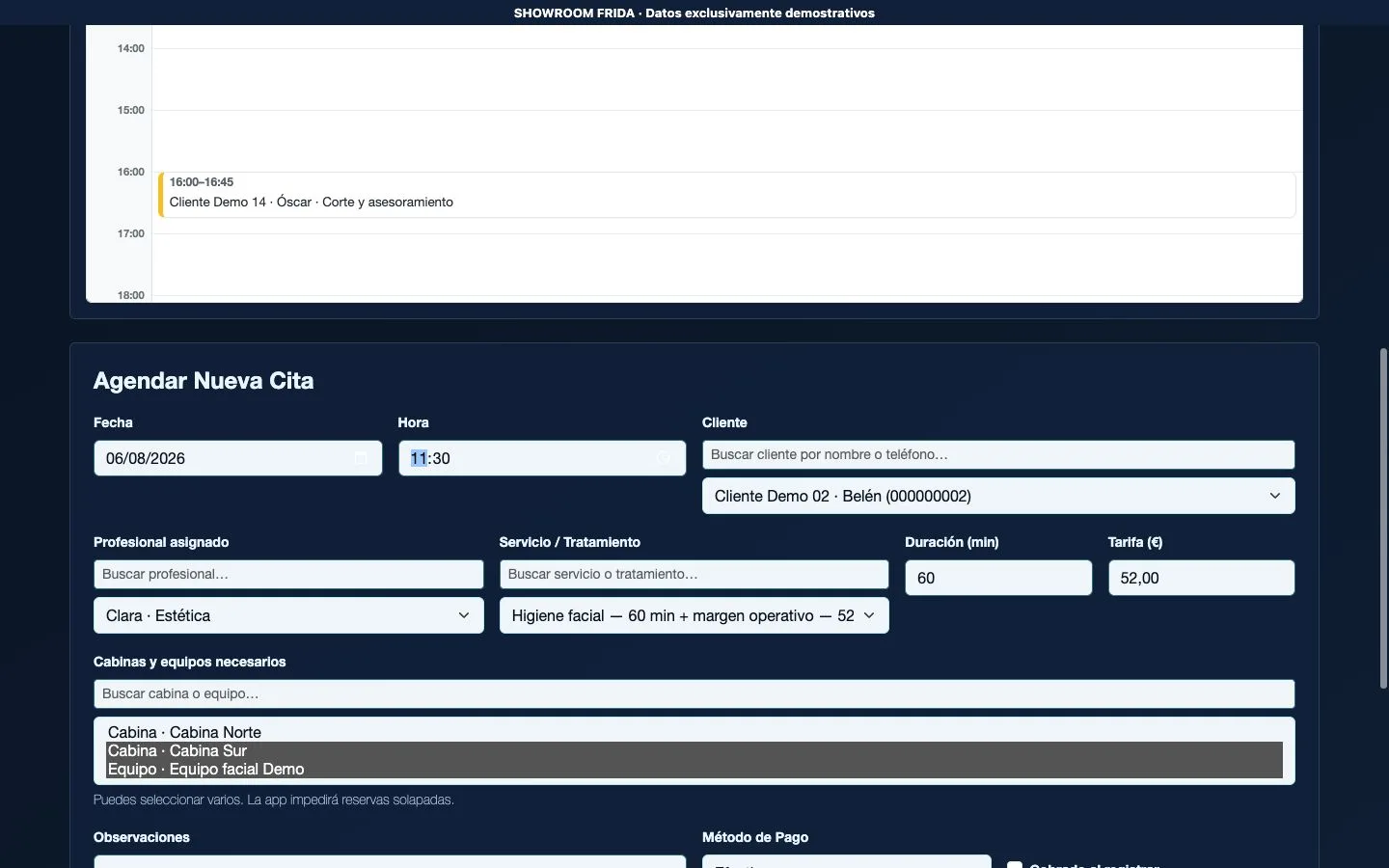 Formulario completo de nueva cita con cliente, profesional, tratamiento, duración, precio y recursos